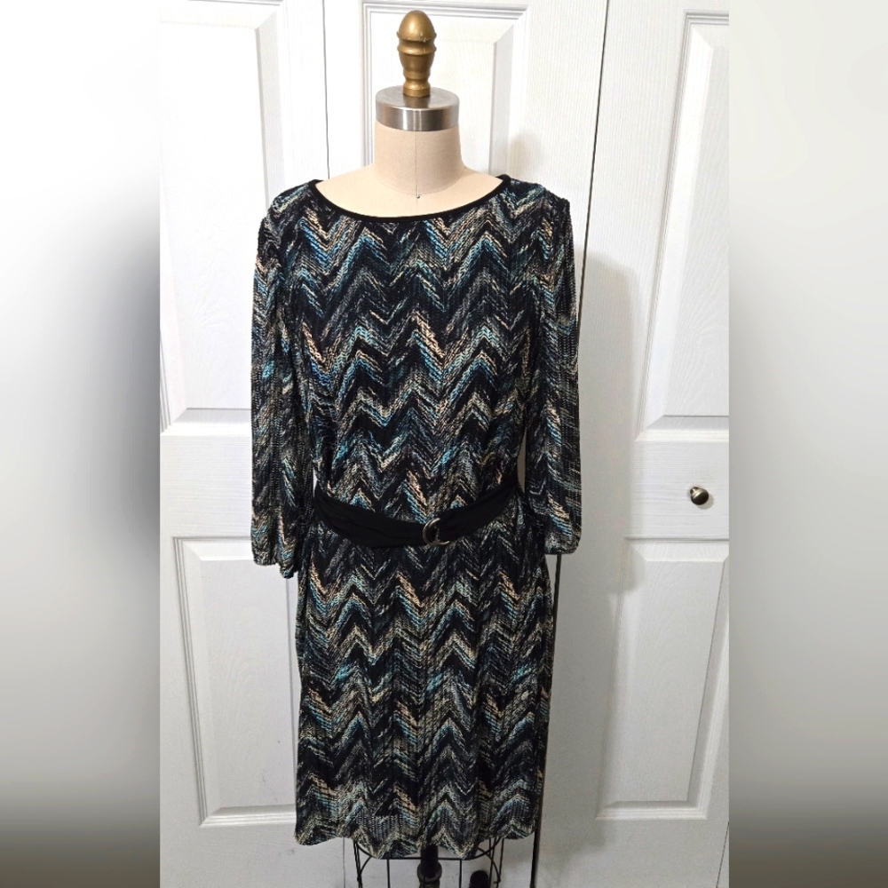 Multicolored Belted Chevron Design Dress, Long Sleeve, Size 10, Like New Cond